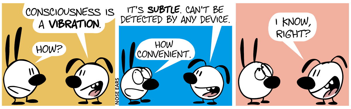 Eunice: “Consciousness is a vibration.”. Mimi: “How?” / Eunice: “It’s subtle. Can’t be detected by any device.”. Mimi rolls her eyes and says sarcastically: “How convenient.” / Eunice smiles. Eunice: “I know, right?”. Mimi rolls her eyes even more.