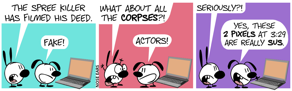 Mimi and Eunice stand in front of a laptop. Mimi: “The spree killer has filmed his deed.”. Eunice: “Fake!” / Mimi throws her hands up in the air. Mimi: “What about all the corpses?!”. Eunice: “Actors!” / Mimi: “Seriously?!”. Eunice smiles and points at the screen. Eunice: “Yes, these 2 pixels at 3:29 are really sus.”