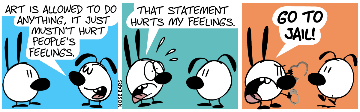 Eunice: “Art is allowed to do anything, it just mustn’t hurt people’s feelings.” / Mimi says with a disturbed voice: “That statement hurts my feelings.” / Mimi gets angry and carries a pair of handcuffs. Mimi shouts: “Go to jail!”. Eunice jumps up in fear.