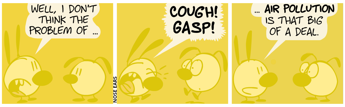 Mimi and Eunice are behind a thick layer of some yellowish haze. Mimi says to Eunice: “Well, I don’t think the problem of …” / Mimi coughes and gasps loudly and Eunice jumps up in shock. / Mimi continues: “… air pollution is that big of a deal.”