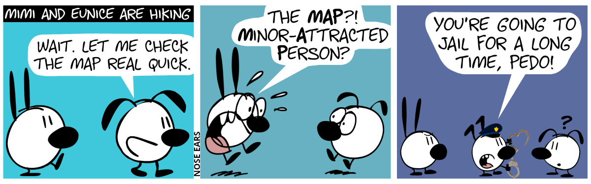 Mimi and Eunice are hiking. They both walk together when suddenly, Eunice says: “Wait. Let me the the map real quick.” / Mimi jump of in shock and screams: “The MAP?! Minor-Attracted Person?”. Eunice is irritated. / Keno appears wearing a police cap. Keno stands in front of a confused Eunice. An upset Mimi stands behind Keno. Keno angrily shows handcuffs to Eunice and says: “You’re going to jail for a long time, pedo!”