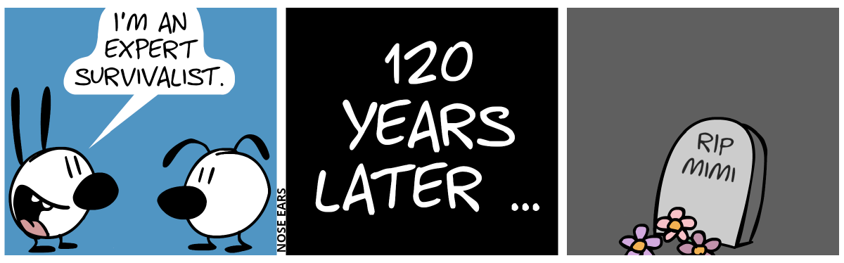 Mimi is saying to Eunice: “I’m an expert survivalist.” / 120 years later … / Only a gravestone is shown. The following text is engraved: “RIP Mimi”