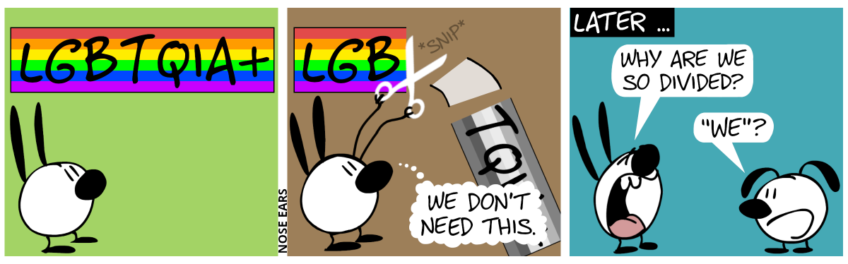 Mimi looks at a rainbow banner up above. The letters “LGBTQIA+” are printed on it. / Mimi cuts of the right part saying “TQIA+” with a pair of scissors and it falls right of, turning gray. Mimi thinks: “We don’t need this.” / Later … Eunice has appeared. Mimi shouts: “Why are we so divided?” / Eunice: “‘We’?”