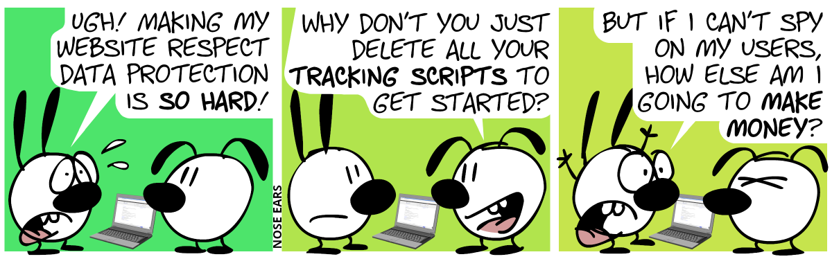 A laptop is on the ground. Mimi: “Ugh! Making my website respect data protection is so hard!” / Eunice: “Why don’t you just delete all your tracking scripts to get started?” / Mimi throws her hands in the air. Mimi: “But if I can’t spy on my users, how else am I going to make money?”