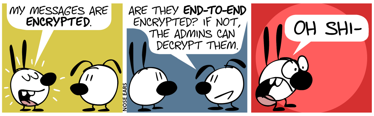 Mimi proudly says: “My messages are encrypted.” / Eunice: “Are they end-to-end encrypted? If not, the admins can decrypt them.” / Mimi is shocked and screams: “Oh shi-”