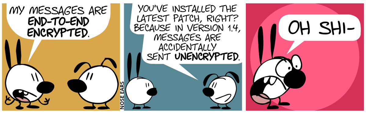 Mimi proudly says: “My messages are end-to-end encrypted.” / Eunice: “You’ve installed the latest patch, right? Because in version 1.4, messages are accidentally sent unencrypted.” / Mimi is shocked and screams: “Oh shi-”