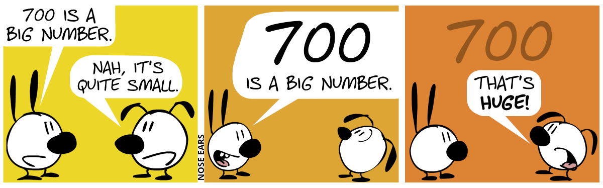 Mimi says: “700 is a big number.”. Eunice: “Hah. It’s quite small.” / Mimi says again: “700 is a big number.”, but this time, the 700 is written in a very big font. Eunice looks at the speech bubble. / The “700” fades to the background. Eunice: “That’s huge!”