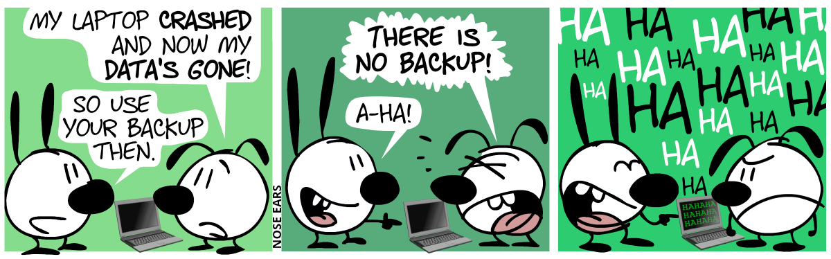 Eunice stands in front of a defunct laptop. Eunice: “My laptop crashed and now my data’s gone!”, Mimi: “So use your backup then.” / Eunice (shouting): “There is no backup!”, Mimi points at Eunice and says “A-ha!“ / Mimi starts laughing loudly at Mimi: “Hahahahahaha …”. The laptop suddenly turns on and displays a text: “HAHAHAHAHAHAHAHAHA”.