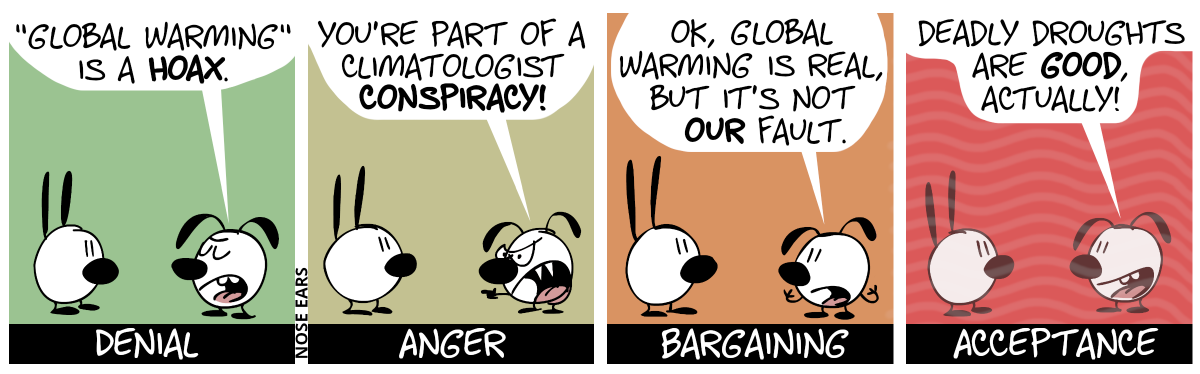 Denial. Eunice says to Mimi: “‘Global warming’ is a hoax.” / Anger. Eunice angrily shouts at Mimi: “You’re part of a climatologist conspiracy!” / Bargaining. Eunice says: “OK, global warming is real, but it’s not our fault.” / Acceptance. Eunice says: “Deadly droughts are good, actually!”