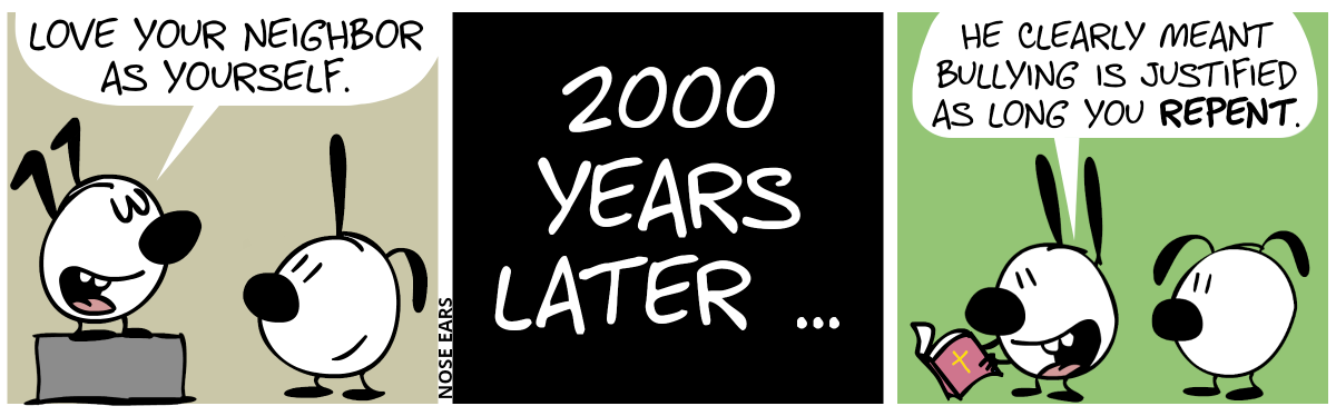 Keno stands on a block of stone and speaks to Poppy: “Love your neighbor as yourself.” / 2000 years later … / Mimi reads from a book to Eunice. Mimi says: “He clearly meant bullying is justified as long you repent.”