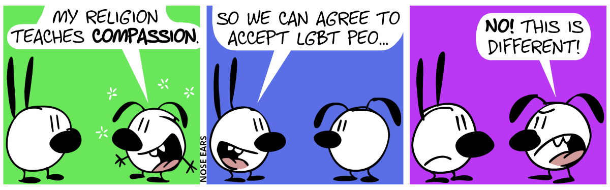 Eunice: “My religion teaches compassion.” / Mimi: “So we can agree to accept LGBT peo…” / Eunice interrupts: “No! This is different!”