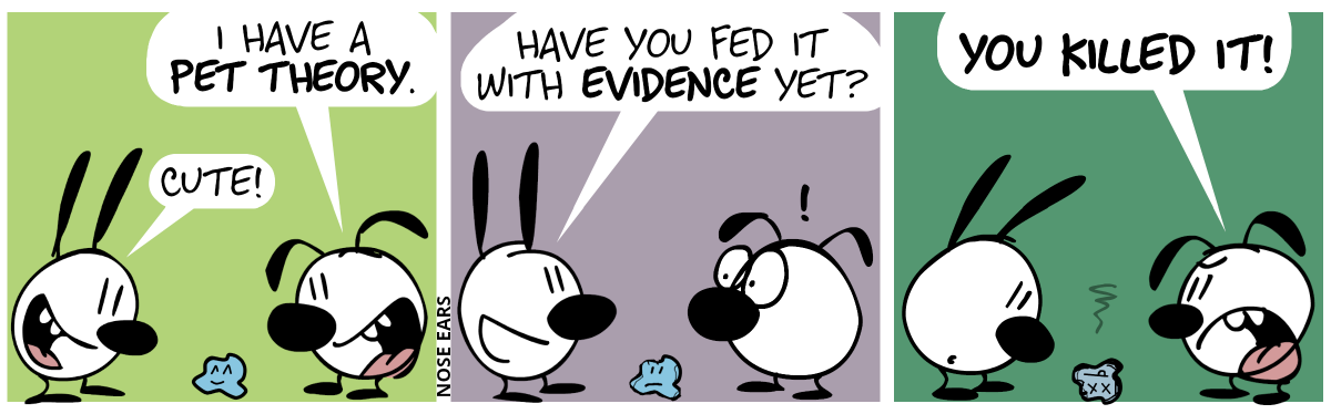 Between Mimi and Eunice, there’s a small blue living being with a happy face. Eunice: “I have a pet theory.”. Mimi: “Cute!” / Mimi: “Have you fed it with evidence yet?”. The blue being no longer looks happy. Eunice looks disturbed. / The blue being drops dead. Eunice gets angry and shouts: “You killed it!”