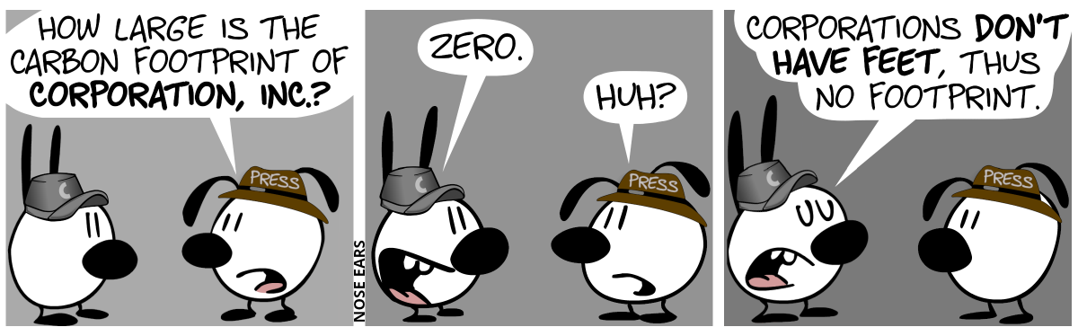 Eunice, who wears a press hat, asks Mimi, who wears a gray hat with the letter “C” on it: “How large is the carbon footprint of Corporation, Inc.?” / Mimi: “Zero.”. Eunice: “Huh?” / Mimi: “Corporations don’t have feet, thus no footprint.”