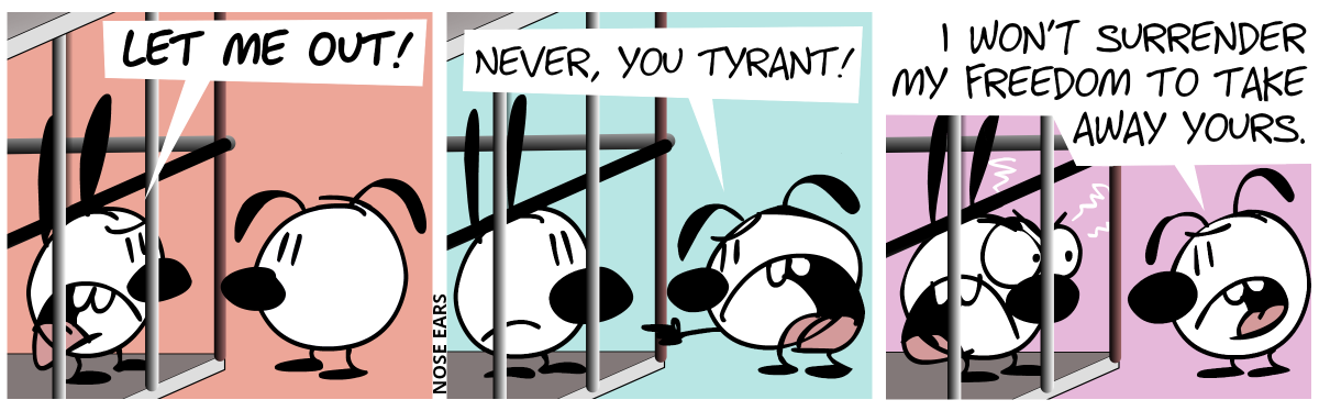 Mimi is imprisoned by Eunice and shouts angrily: “Let me out!” / Eunice: “Never, you tyrant!” / “I won’t surrender my freedom to take away yours.”