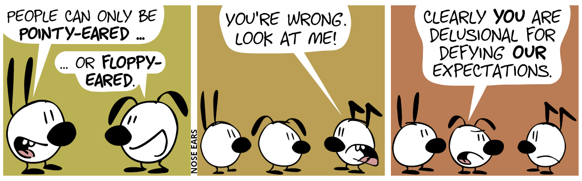 Mimi (who has pointy ears) says: “People can only be pointy-eared …”. Eunice (who has floppy ears) continues: “… or floppy-eared.” / Keno (who has ears with a kink in them) appears and says: “You’re wrong. Look at me!” / Eunice: “Clearly you are delusional for defying our expectations.”