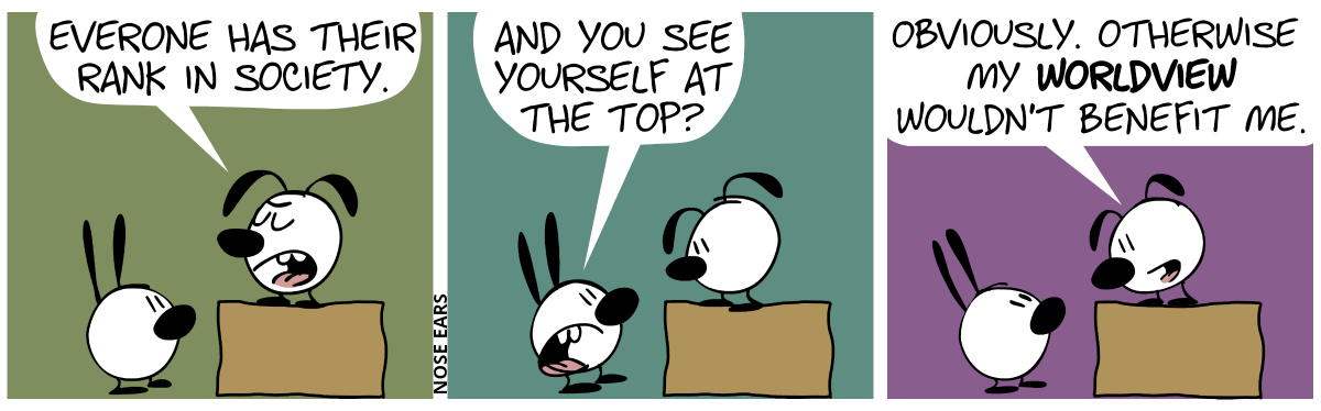 Eunice stands on an elevated platform and talks to Mimi: “Everyone has their rank in society.” / Mimi: “And you see yourself at the top?” / Eunice: “Obviously. Otherwise my worldview wouldn’t benefit me.”