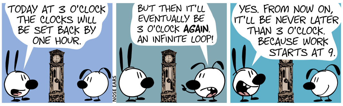 Mimi and Eunice stand at a grandfather clock. Mimi: “Today at 3 o’clock the clocks will be set back by one hour.” / Eunice: “But then it’ll eventually be 3 o’clock again. An infinite loop!” / Mimi: “Yes. From now on, it’lll be never later than 3 o’clock. Because work starts at 9.”