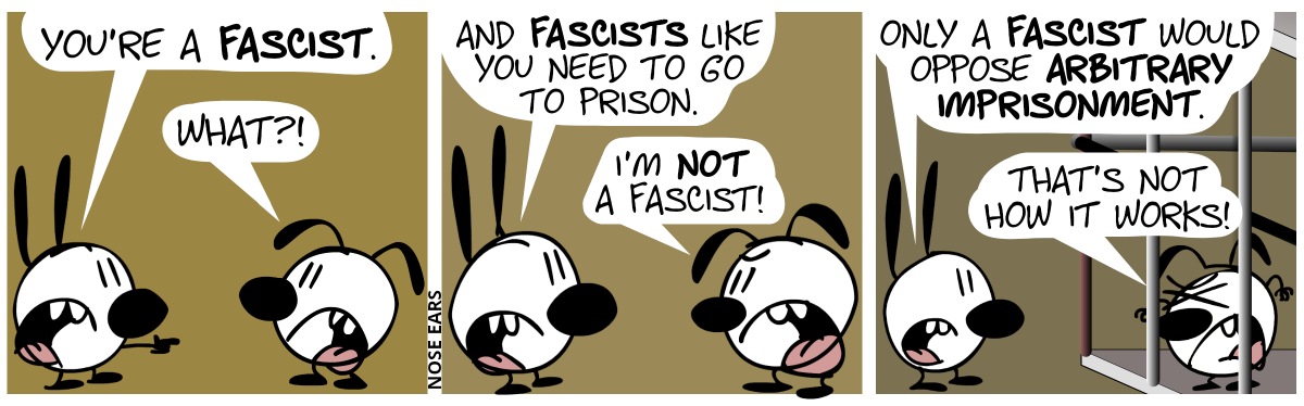 Mimi points at Eunice: “You’re a fascist.”. Eunice: “What?!” / Mimi: “And fascists like you need to go to prison.”. Eunice: “I’m not a fascist!” / Eunice is now in prison. Mimi: “Only a fascist would oppose arbitrary imprisonment.”. Eunice: “That’s not how it works!”