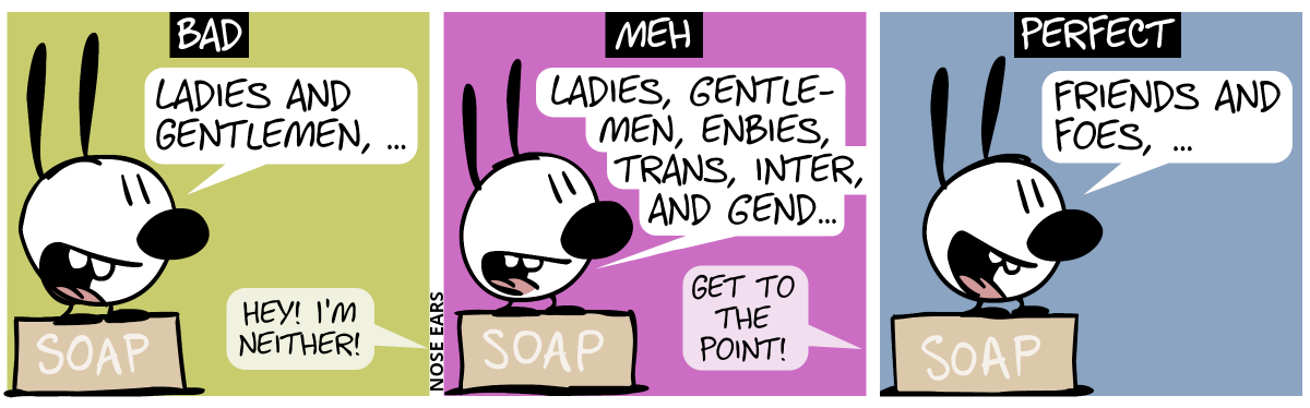 Bad: Mimi stands on a soapbox and speaks: “Ladies and gentlemen, …”. Someone offstage: “Hey! I’m neither!” / Meh: Mimi stands on a soapbox and speaks: “Ladies, gentlemen, enbies, trans, inter, and gend…”. Someone offstage: “Get to the point!” / Perfect: Mimi stands on a soapbox and speaks: “Friends and foes, …”