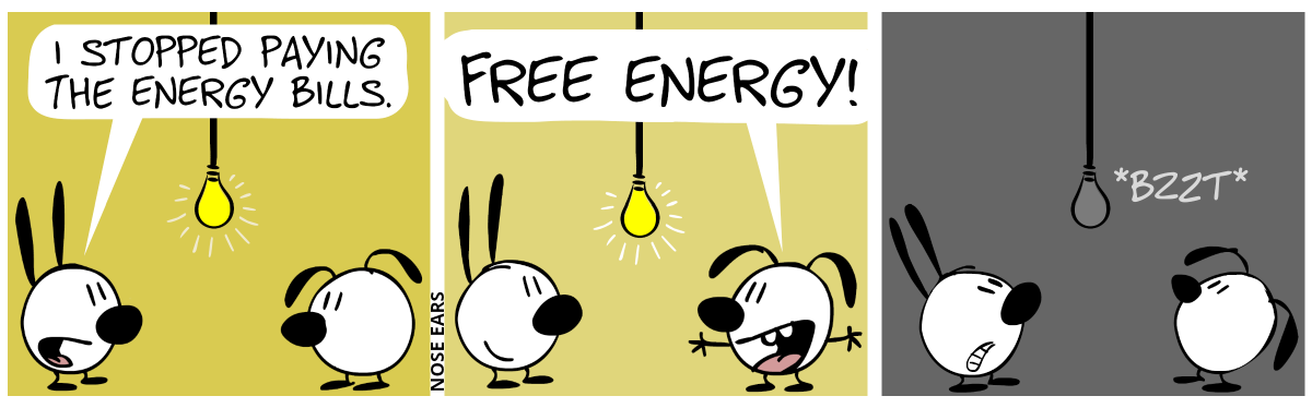 A glowing light bulb hangs from the ceiling. Mimi says: “I stopped paying the energy bills.” / Eunice euphorically says: “Free energy!” / The light bulb goes “bzzt” and stops glowing. Mimi and Eunice are surprised.