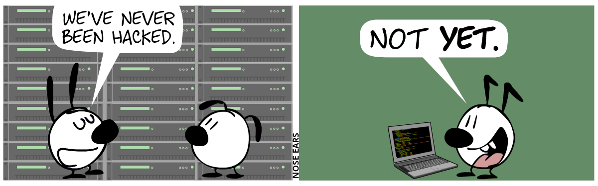 Mimi and Eunice stand in a large datacenter full of server computers. Mimi proudly says: “We’ve never been hacked.” / Somewhere else, Keno stands alone in front of a laptop. He’s grinning and says: “Not yet.”