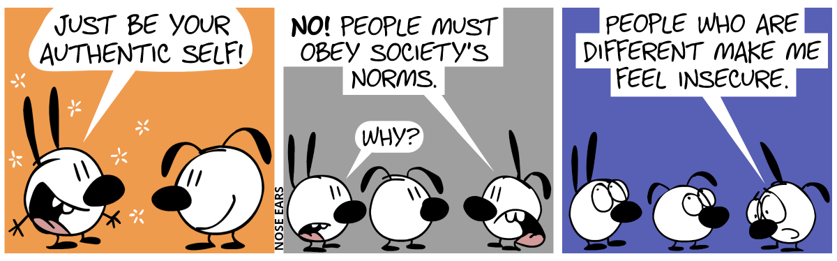 Mimi says to Eunice: “Just be your authentic self!” / Poppy appears and says: “No! People must obey society’s norms.”. Mimi: “Why?” / Poppy says with a sad voice: “People who are different make me feel insecure.”