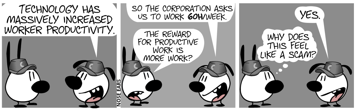 Mimi and Euncie each wear a gray cappy with the letter “K”. Eunice: “Technology has massively increased worker productivity.” / Eunice: “So the corporation asked us to work 60h/week.”. Mimi: “The reward for productive work is more work?” / Eunice: “Yes.”. Mimi thinks: “Why does this feel like a scam?”